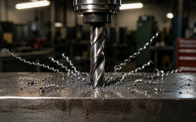 Perfekte spiralförmige Bohrspäne beim Bohren von Metall dank der exakt eingestellten Drehzahl an der Ständerbohrmaschine.
