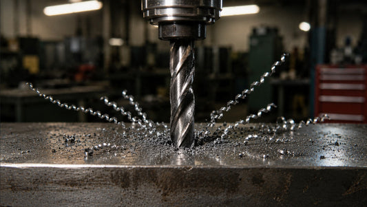 Perfekte spiralförmige Bohrspäne beim Bohren von Metall dank der exakt eingestellten Drehzahl an der Ständerbohrmaschine.