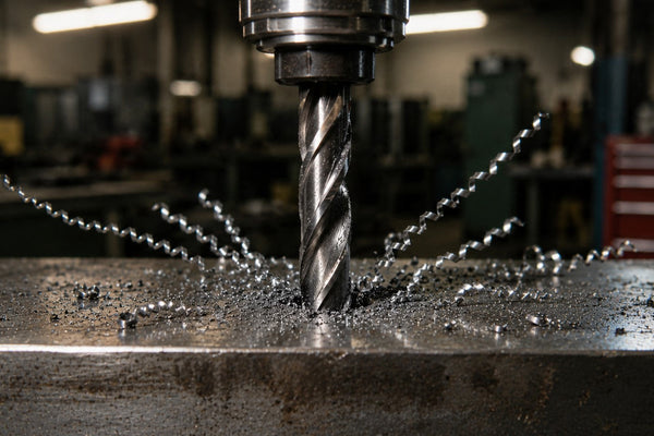 Perfekte spiralförmige Bohrspäne beim Bohren von Metall dank der exakt eingestellten Drehzahl an der Ständerbohrmaschine.
