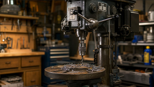 Massive Säulenbohrmaschine aus Gusseisen in einer gut beleuchteten Werkstatt - Experten-Vergleich für Heimwerker