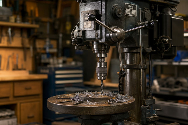 Massive Säulenbohrmaschine aus Gusseisen in einer gut beleuchteten Werkstatt - Experten-Vergleich für Heimwerker