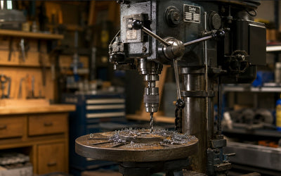 Massive Säulenbohrmaschine aus Gusseisen in einer gut beleuchteten Werkstatt - Experten-Vergleich für Heimwerker