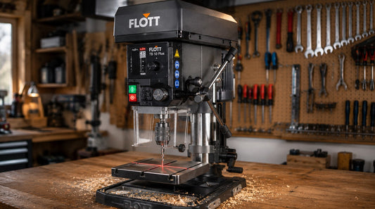 Scheppach DP16 Vario Tischbohrmaschine in einer Heimwerker-Werkstatt bereit für exakte Holzbohrungen.