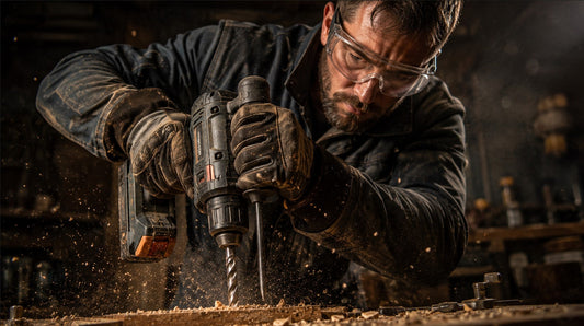 Ein erfahrener Handwerker mit Schutzbrille und Handschuhen bedient eine Bohrmaschine sicher in seiner Werkstatt.