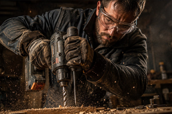 Ein erfahrener Handwerker mit Schutzbrille und Handschuhen bedient eine Bohrmaschine sicher in seiner Werkstatt.