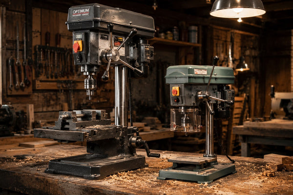 Tischbohrmaschine und Säulenbohrmaschine im direkten Größenvergleich nebeneinander auf einer robusten Werkbank in einer professionellen Holzwerkstatt.